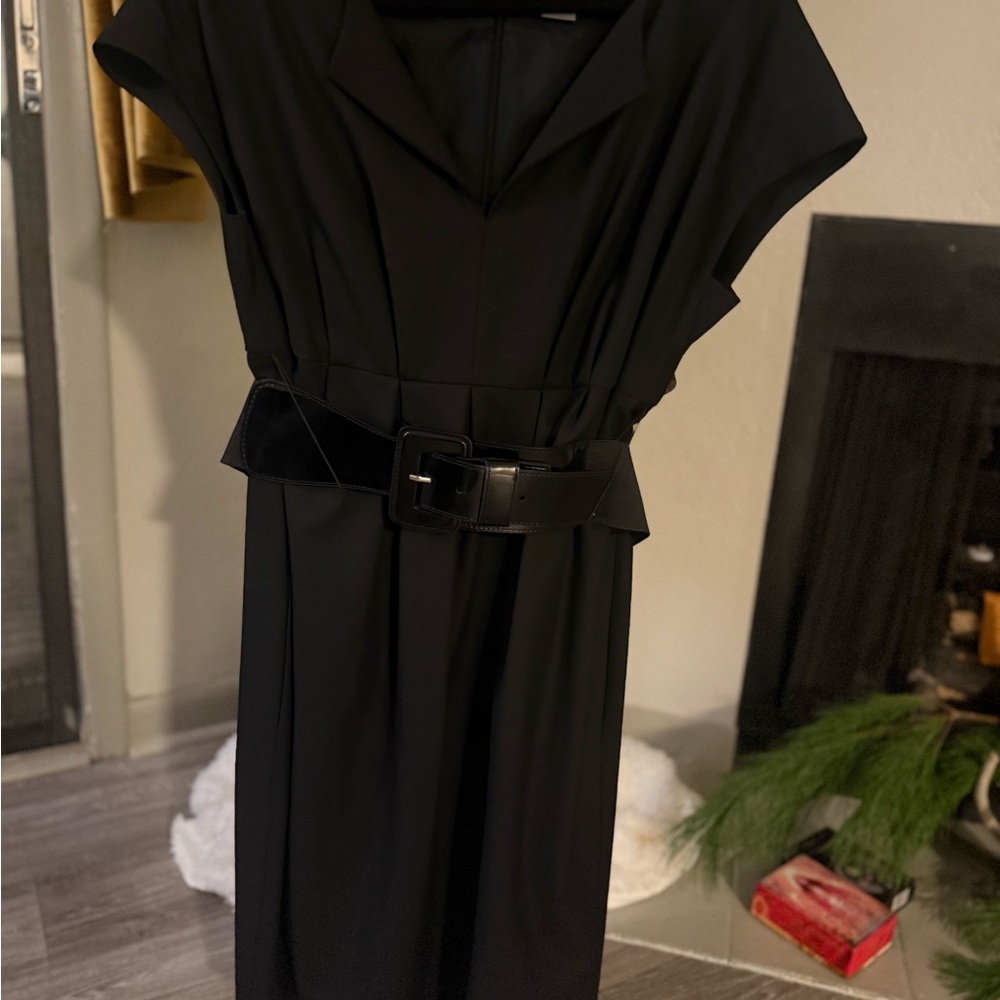 Ann Taylor Black Belted Midi Dress Size 12 | Structured Cap Sleeve Workwear